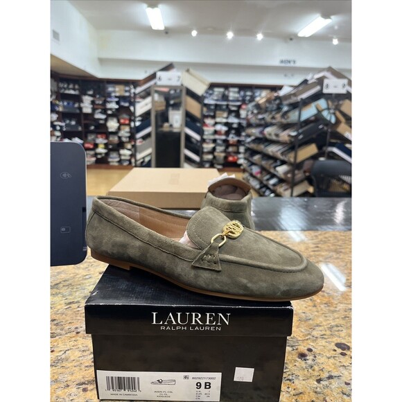 Lauren Ralph Lauren Averi Kidsuede Olive Kahki Green Logo Loafers Size 9B - Picture 1 of 7